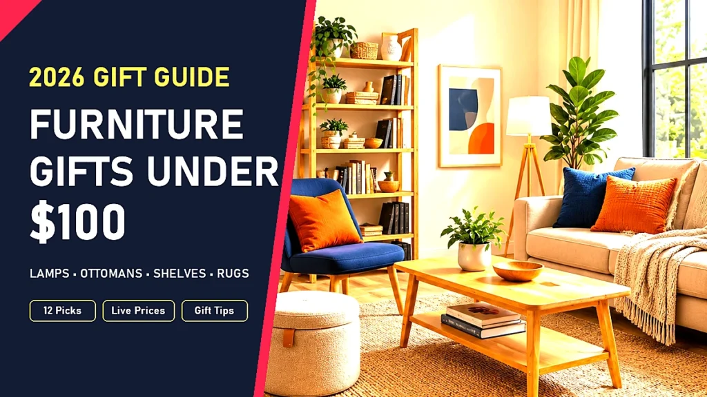 Furniture gifts under $100: bright living room with a storage ottoman, ladder bookshelf, floor lamp and coffee table