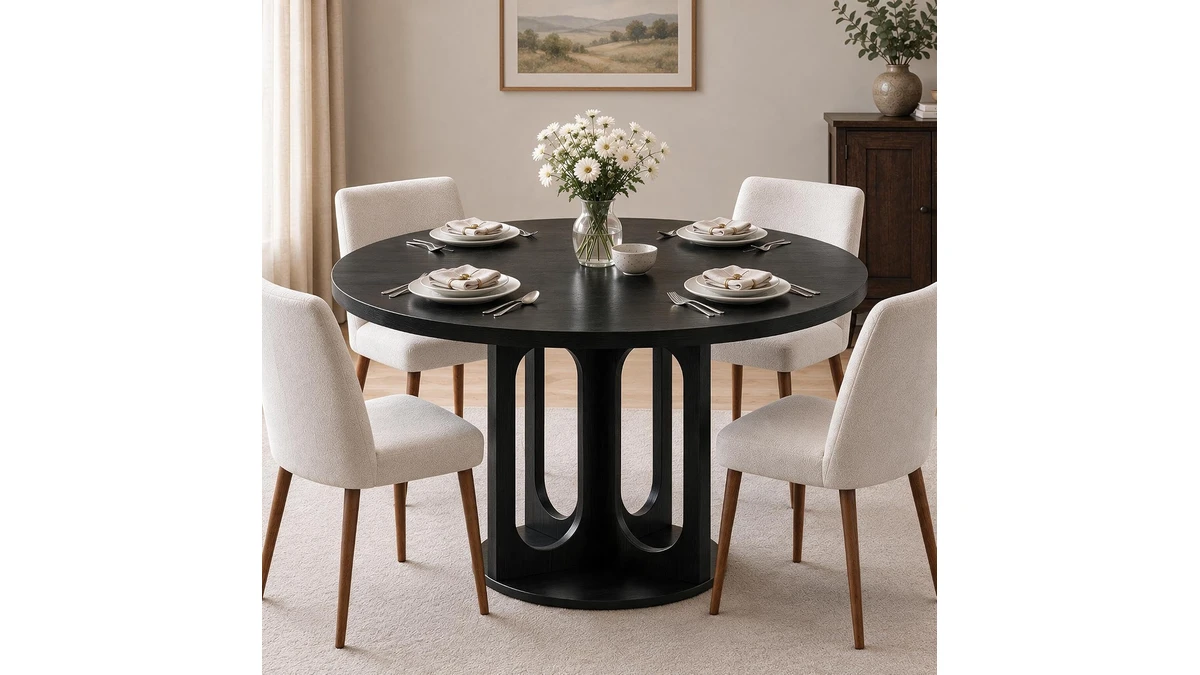 Garvee 47-inch round black dining table with a sculptural pedestal base, set for four