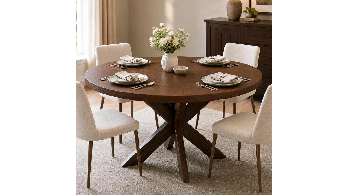Garvee 47-inch round wood dining table with an X-leg base, set for four with upholstered chairs