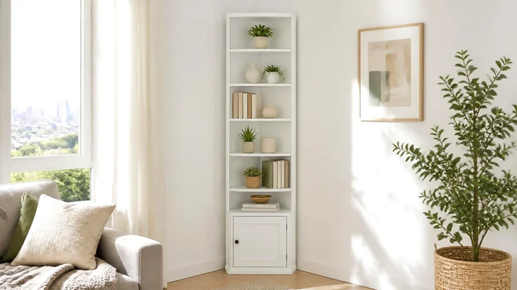 GOOBED corner shelf review: white 7-tier corner bookshelf with a cabinet door in a bright living room