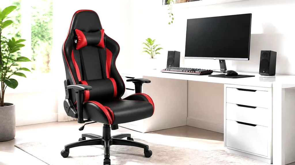 GTRACING gaming chair review: black and red ergonomic gaming chair at a white desk in a bright home office
