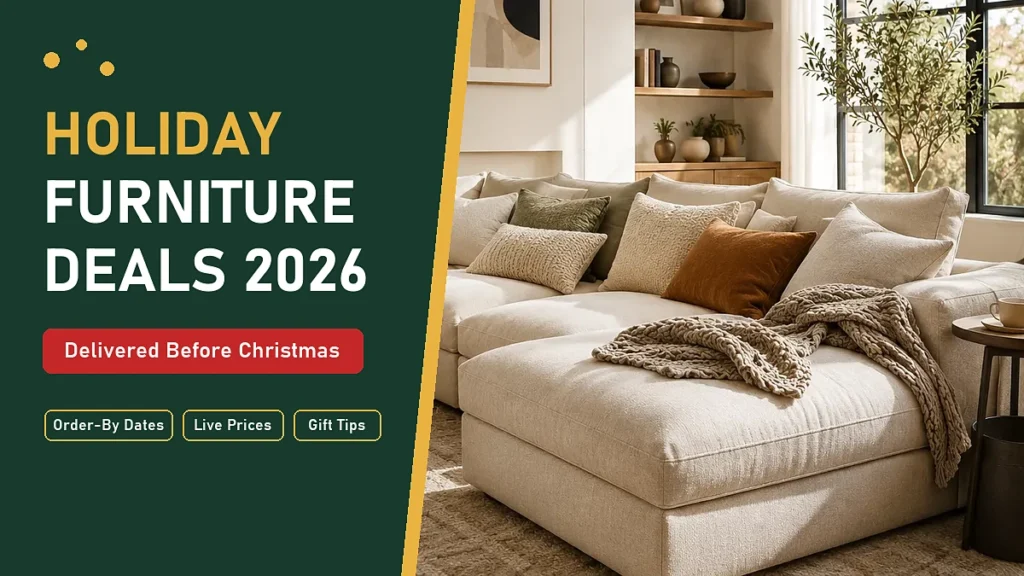 Holiday furniture deals 2026, delivered before Christmas: cream modular sectional sofa in a bright living room
