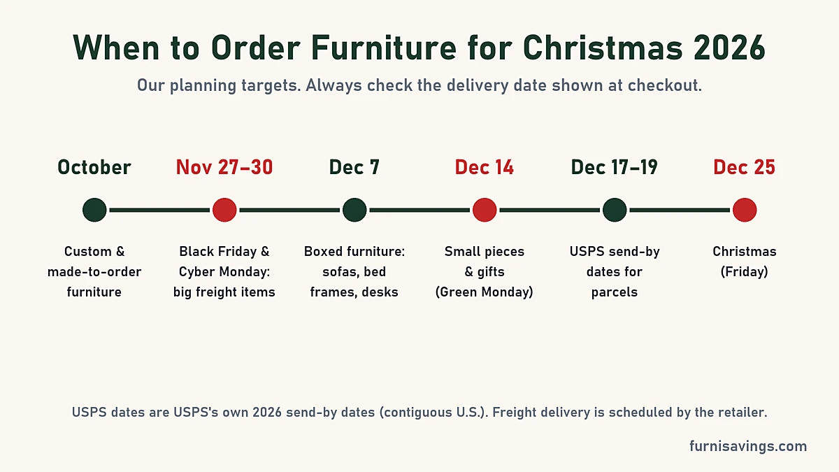 When to order furniture for Christmas 2026: October, Nov 27-30, Dec 7, Dec 14, USPS Dec 17-19, Christmas Dec 25