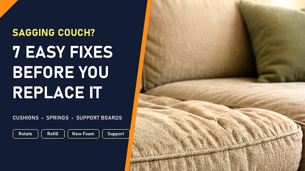 How to fix sagging couch cushions: close-up of a flattened beige sofa seat cushion, 7 easy fixes