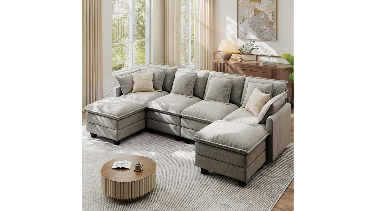Ihanherry gray U-shaped modular cloud sofa with movable ottomans in a living room
