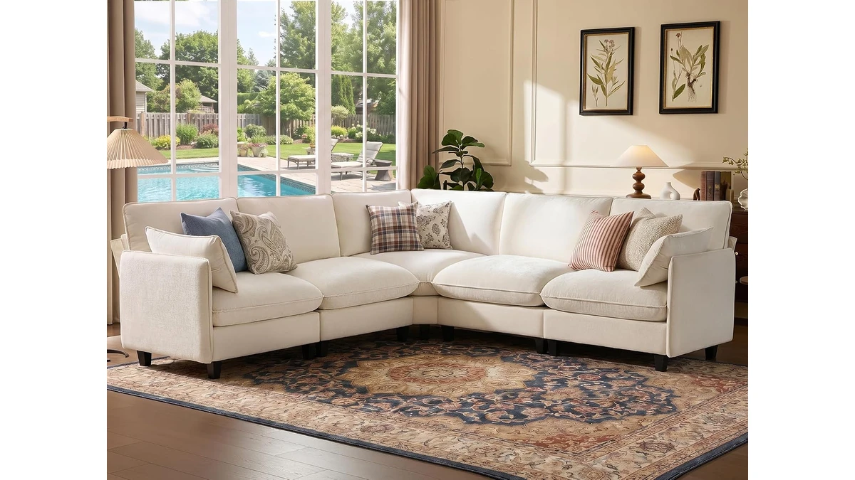 Ihanherry cream modular sectional sofa with a corner section in a bright living room