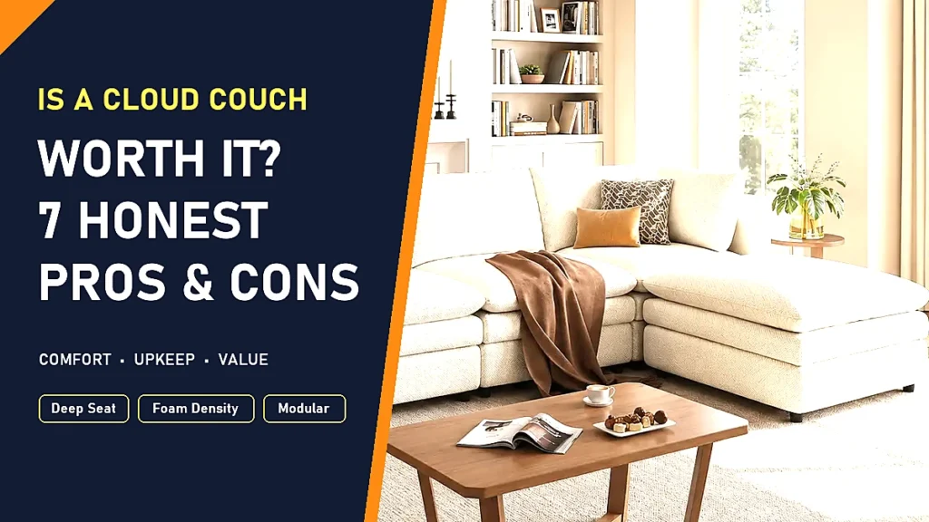 Is a cloud couch worth it? Cream modular cloud couch with a chaise in a bright living room, 7 honest pros and cons
