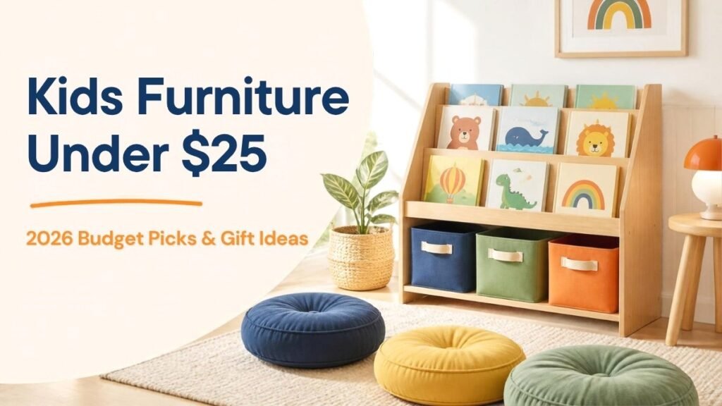 Kids furniture under $25: wooden front-facing bookshelf, storage cubes and floor cushions in a bright reading corner