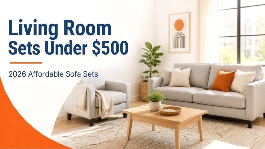 Living room sets under $500: light gray sofa and matching chair with a wood coffee table in a bright apartment