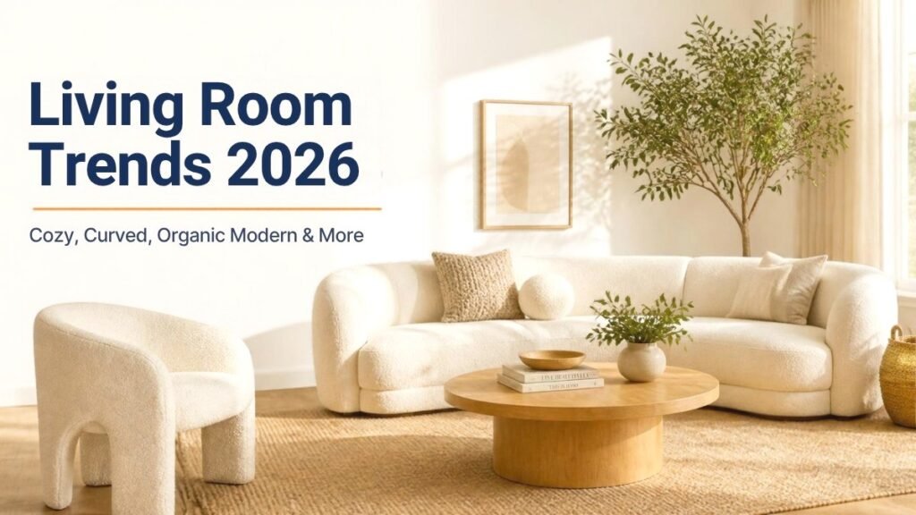 Living room trends 2026: cream curved boucle sofa and chair with a round wood coffee table in a bright living room