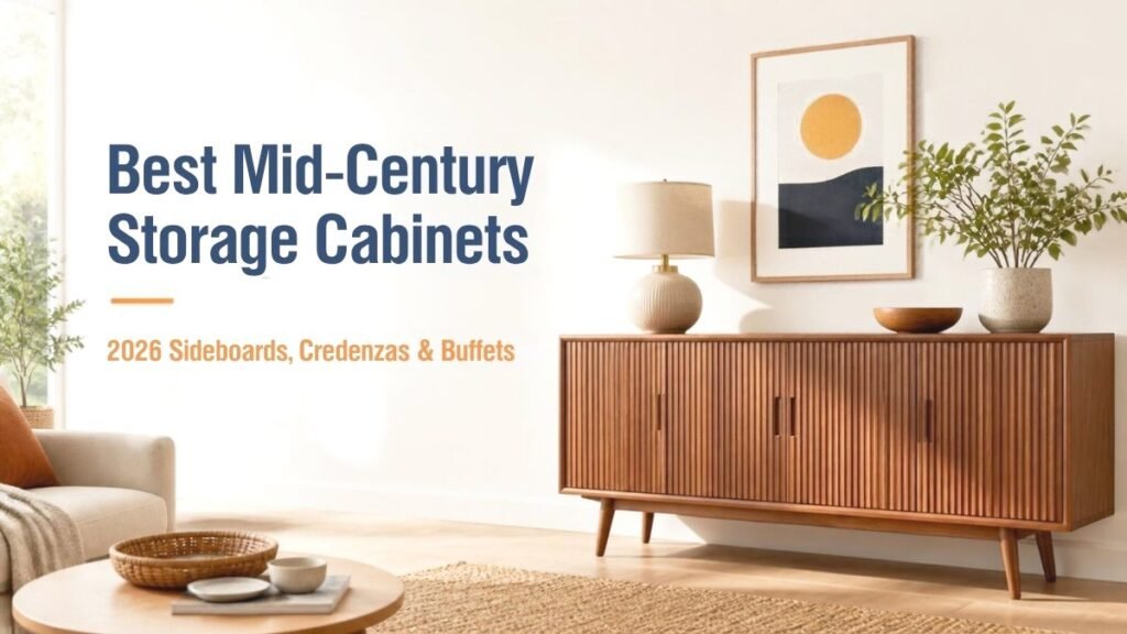 Best mid-century storage cabinets: walnut fluted sideboard on tapered legs in a bright living room