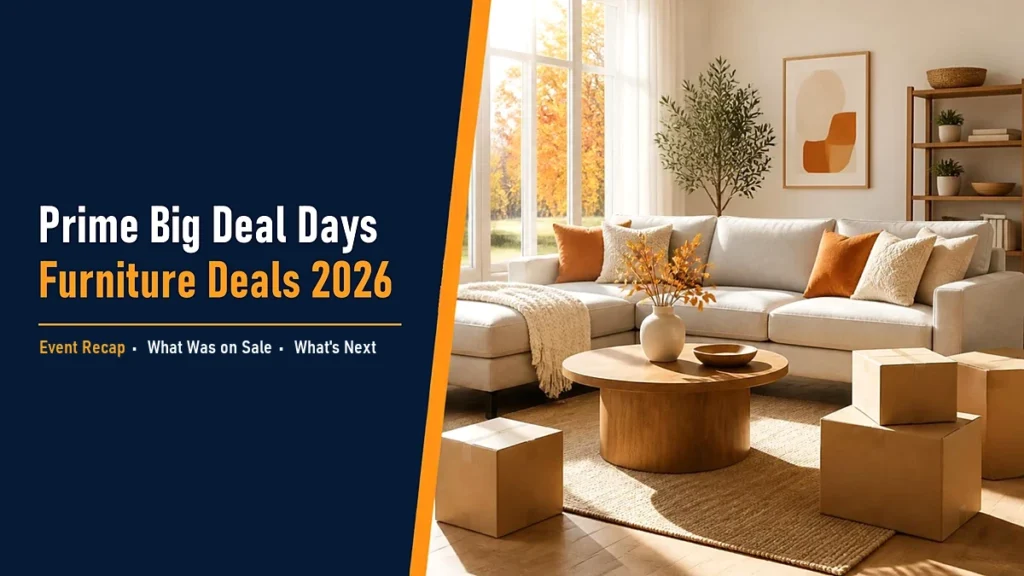 Prime Big Deal Days furniture deals 2026 recap: white sectional sofa in a bright autumn living room with delivery boxes