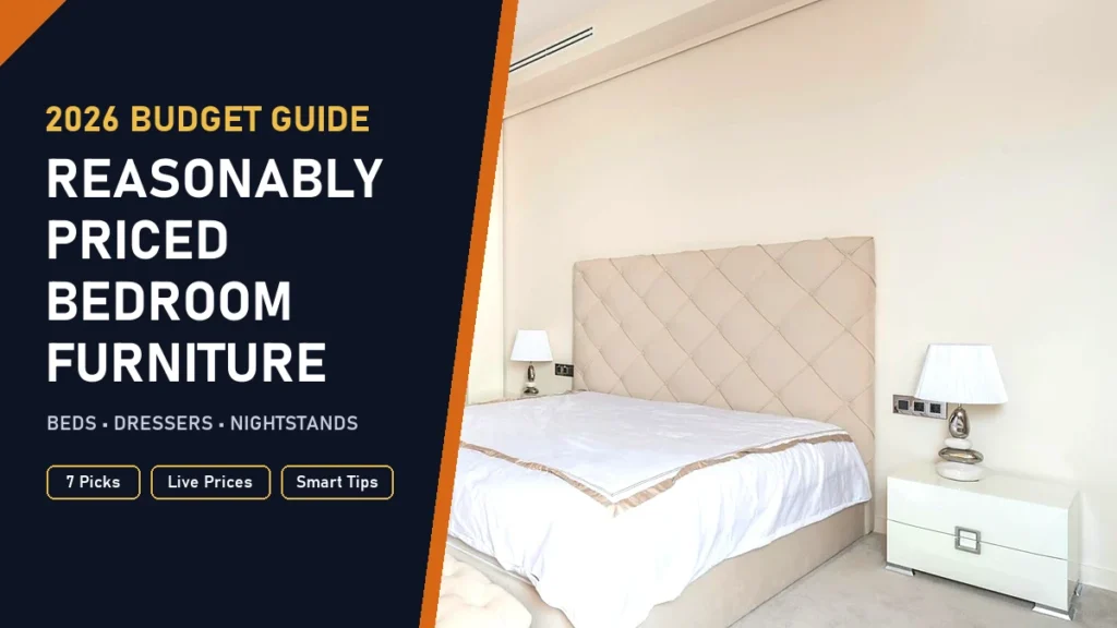 Reasonably priced bedroom furniture: upholstered bed and white nightstand in a bright bedroom