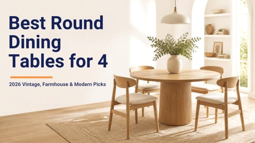 Best round dining tables for 4: round wood pedestal table with four chairs in a bright dining nook