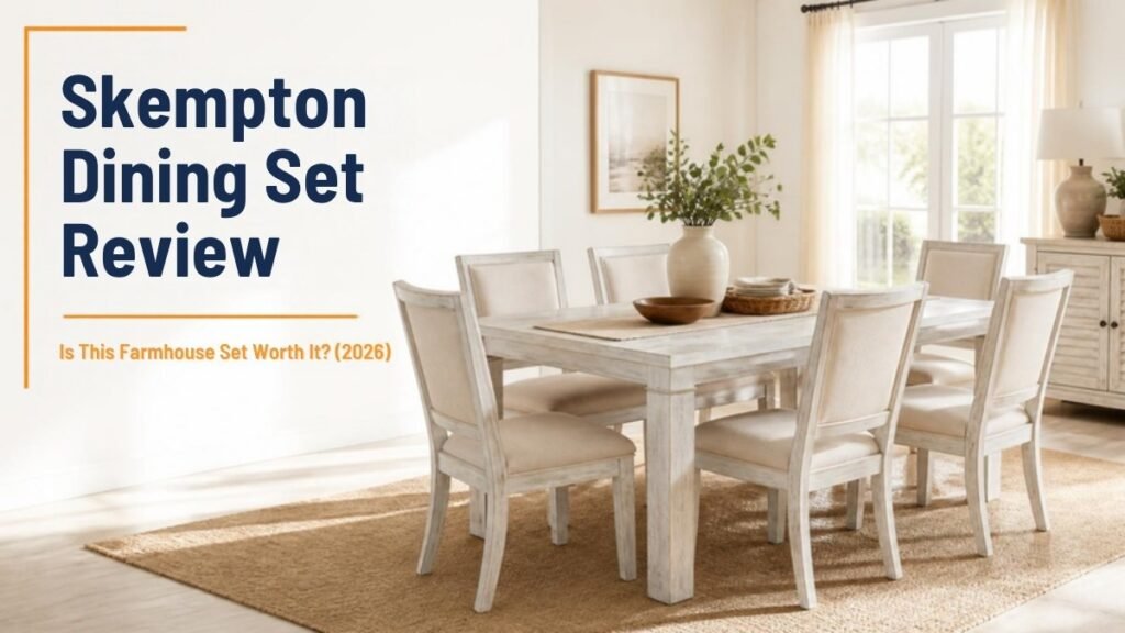 Farmhouse dining room with a whitewashed table and six upholstered chairs (illustration for the Skempton review)