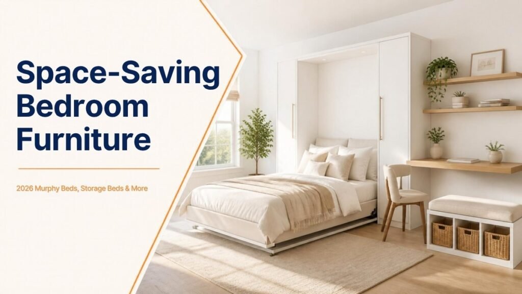 Space-saving bedroom furniture: white wall cabinet Murphy bed, floating desk and storage bench in a bright small bedroom