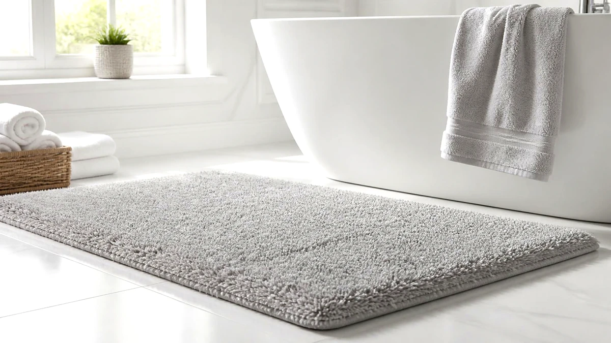 Plush grey bath mat on a white tiled bathroom floor in front of a bathtub