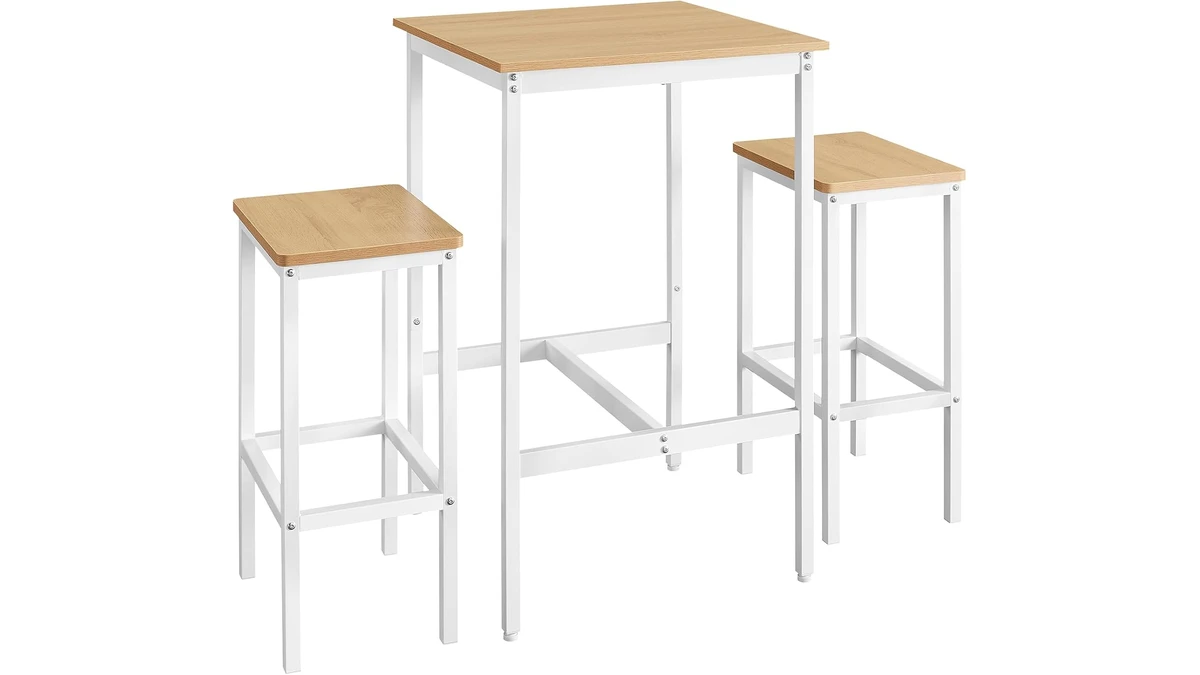 VASAGLE square bar table with two matching bar stools on a white steel frame