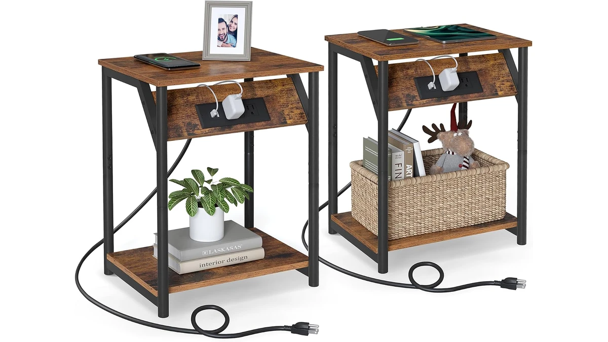 Two VASAGLE rustic brown end tables with built-in charging stations and two shelves each