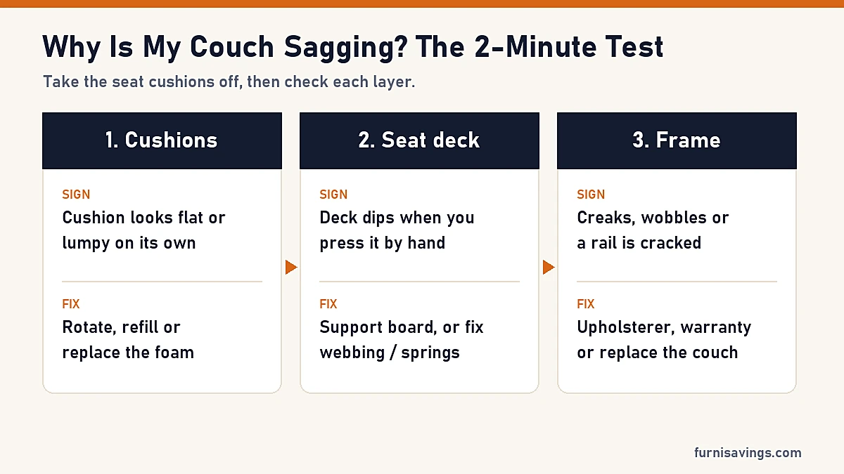 Why is my couch sagging? 2-minute test: check the cushions, the seat deck, then the frame
